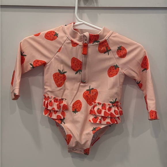 Carter’s Strawberry Print Pink Baby Rash Guard Swimsuit - Picture 1 of 3